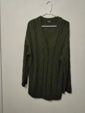 BTFBM Chunky Olive Green Cable-Knit Button Cardigan Long Sleeve Sweater Size M